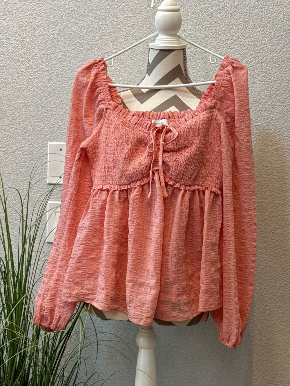Forever 21 Coral Peasant Blouse with Smocked Bodice